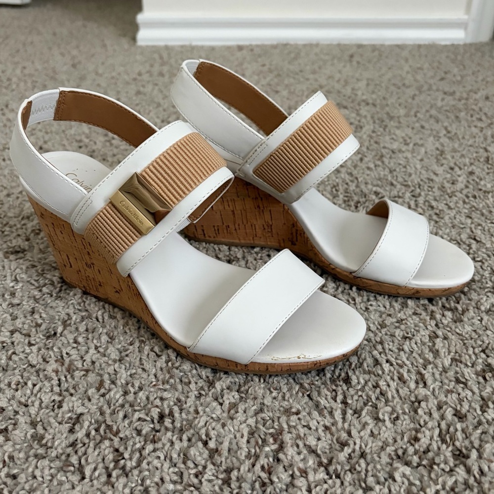 Calvin Klein White and Tan Wedge Sandals
